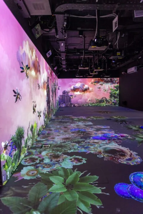 Pasillo inmersivo del MUI con muro LED y piso LED integrados por Decibelpixel